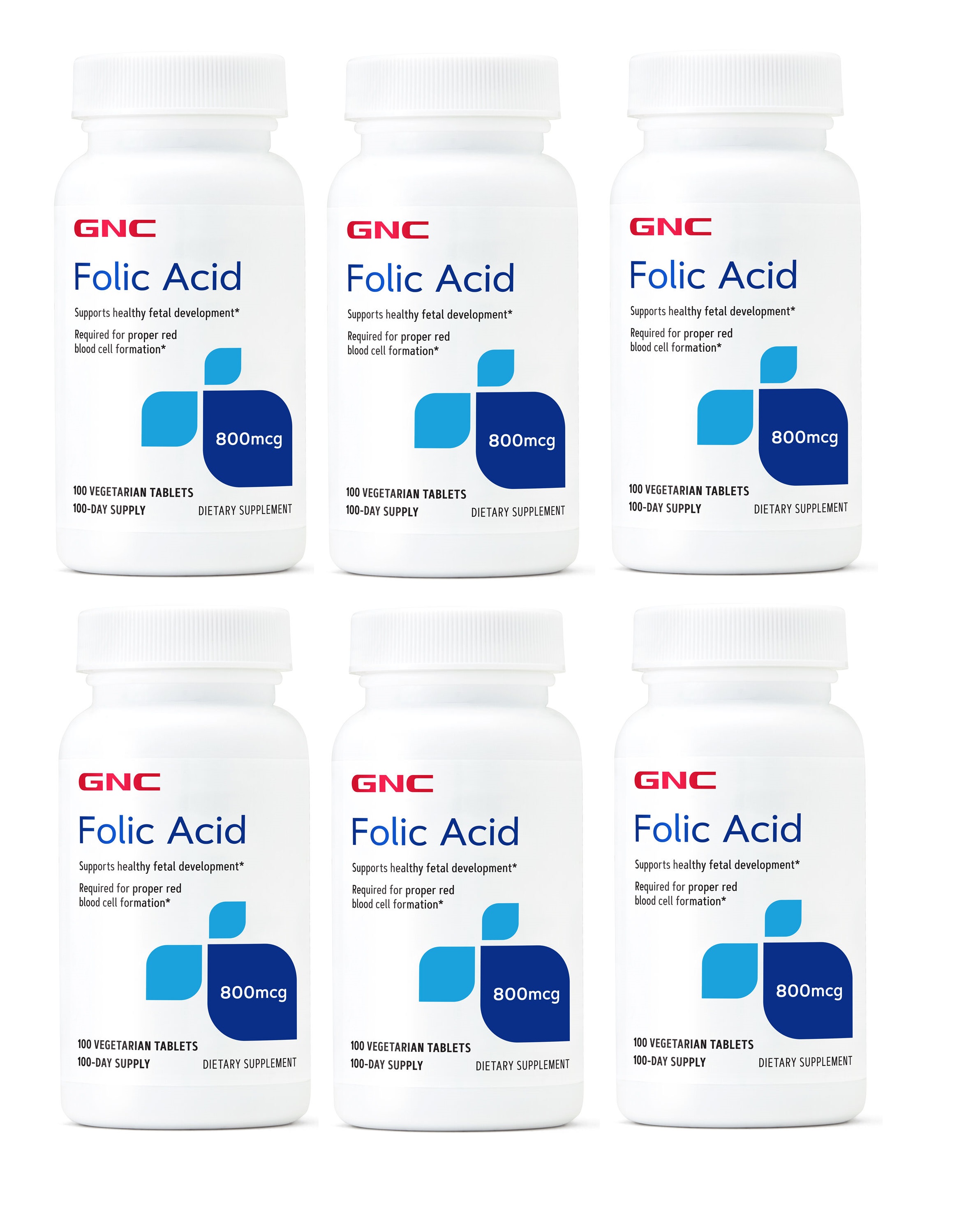 GNC Folic Acid 800 mcg, 100 Vegetarian Tablets x 6